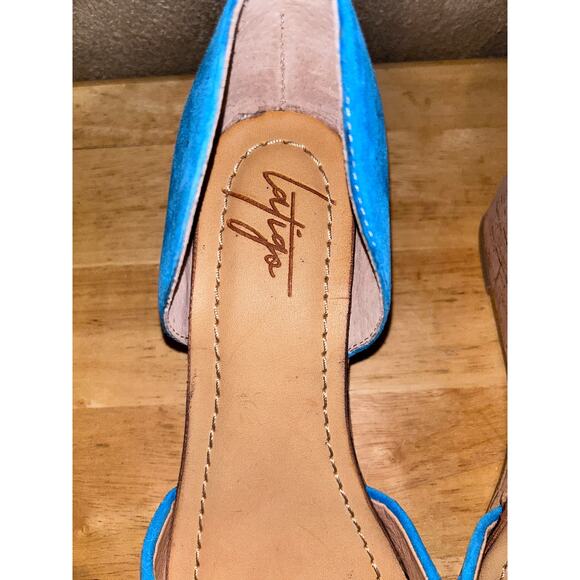 Anthropologie Latigo Shona Blue Suede Leather Ruffle Wedge Sandals Size 8M NWOB - Picture 9 of 12